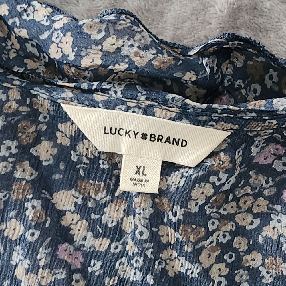Lucky Brand Women XL Sheer‎ Peasant Blouse Ruffle Button Up Blue Floral NEW - Picture 7 of 16